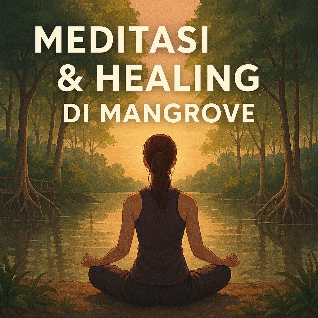Ilustrasi seseorang meditasi di tepi hutan mangrove saat senja dengan suasana alam tenang