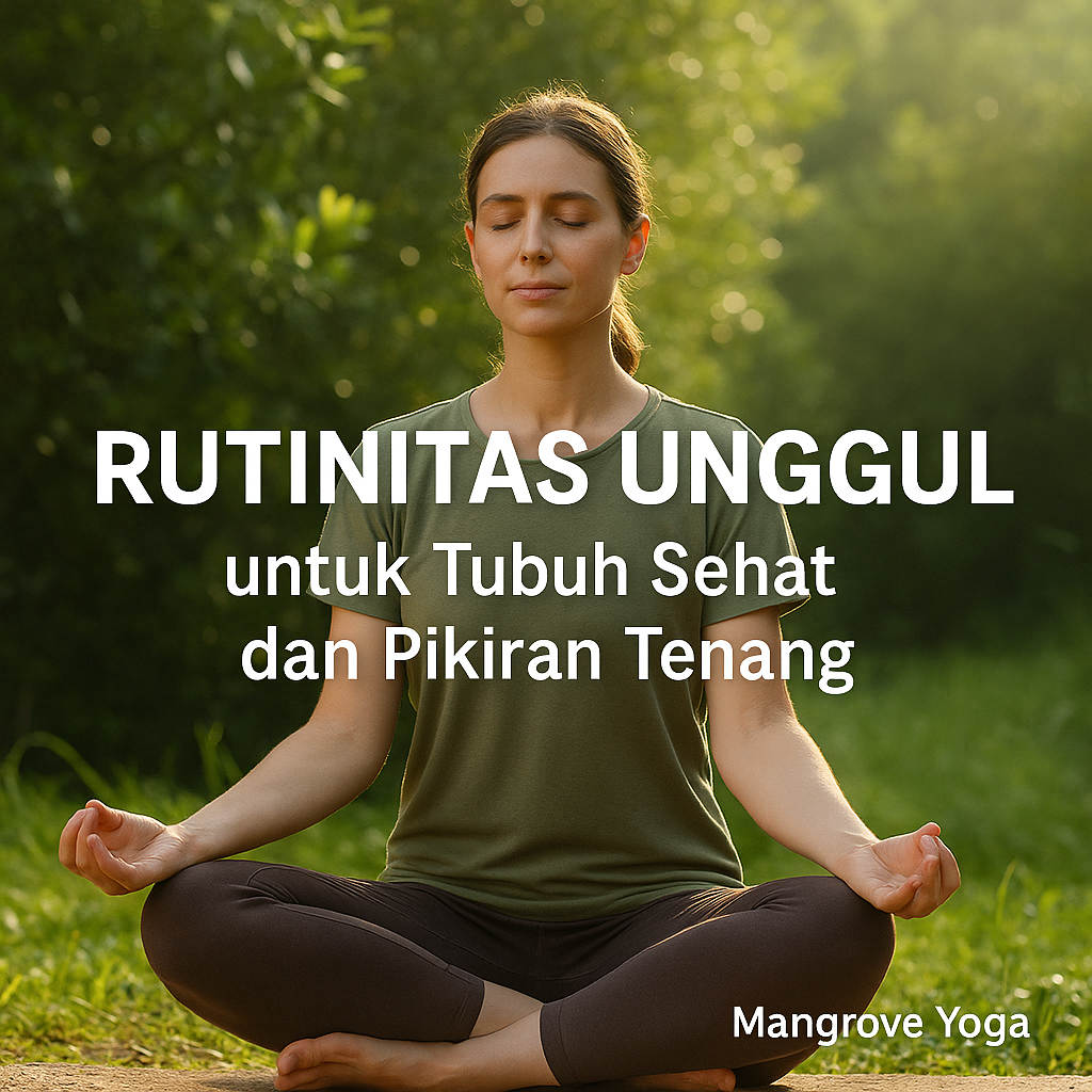 Wanita sedang bermeditasi di alam terbuka pada pagi hari dengan nuansa hijau dan cahaya matahari hangat, menggambarkan rutinitas unggul untuk kesehatan dan ketenangan pikiran di Mangrove Yoga.