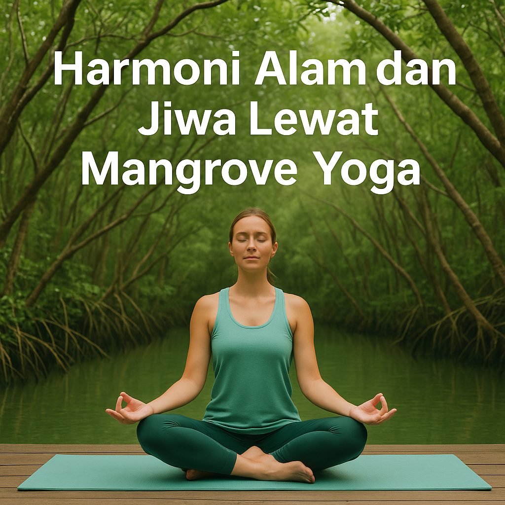 Seorang wanita bermeditasi di atas matras yoga di tengah hutan mangrove hijau dengan suasana tenang alami.