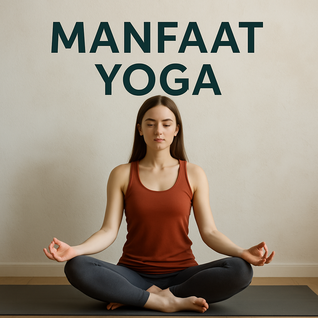 Wanita sedang meditasi dalam pose yoga Sukhasana di atas matras, ruangan tenang dengan dinding netral, suasana rileks dan fokus.