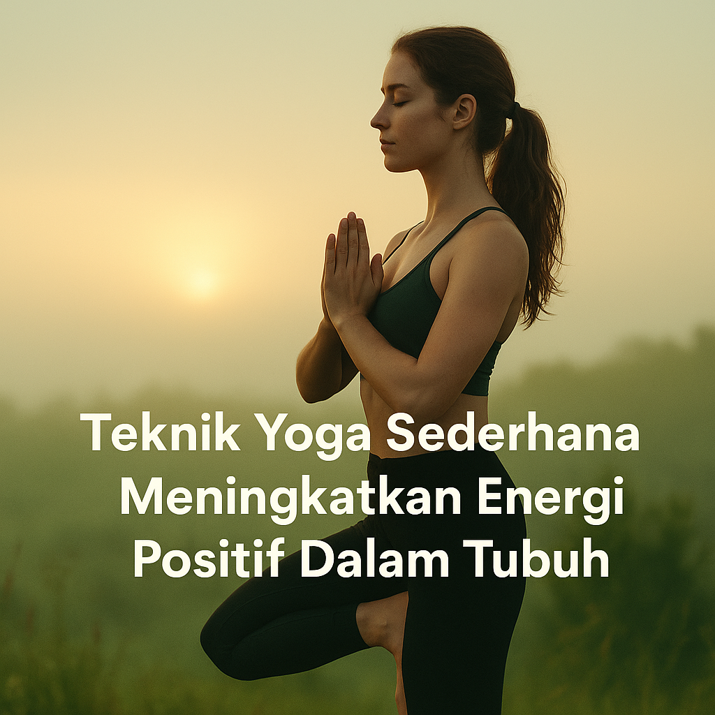 Wanita melakukan pose yoga tree pose saat matahari terbit dengan teks judul Teknik Yoga Sederhana Meningkatkan Energi Positif Dalam Tubuh.